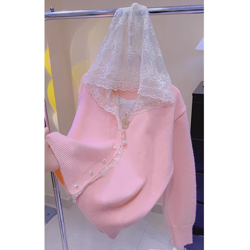 小香风蕾丝连帽针织开衫女春季2025新款温柔奶呼呼毛衣超好看上衣