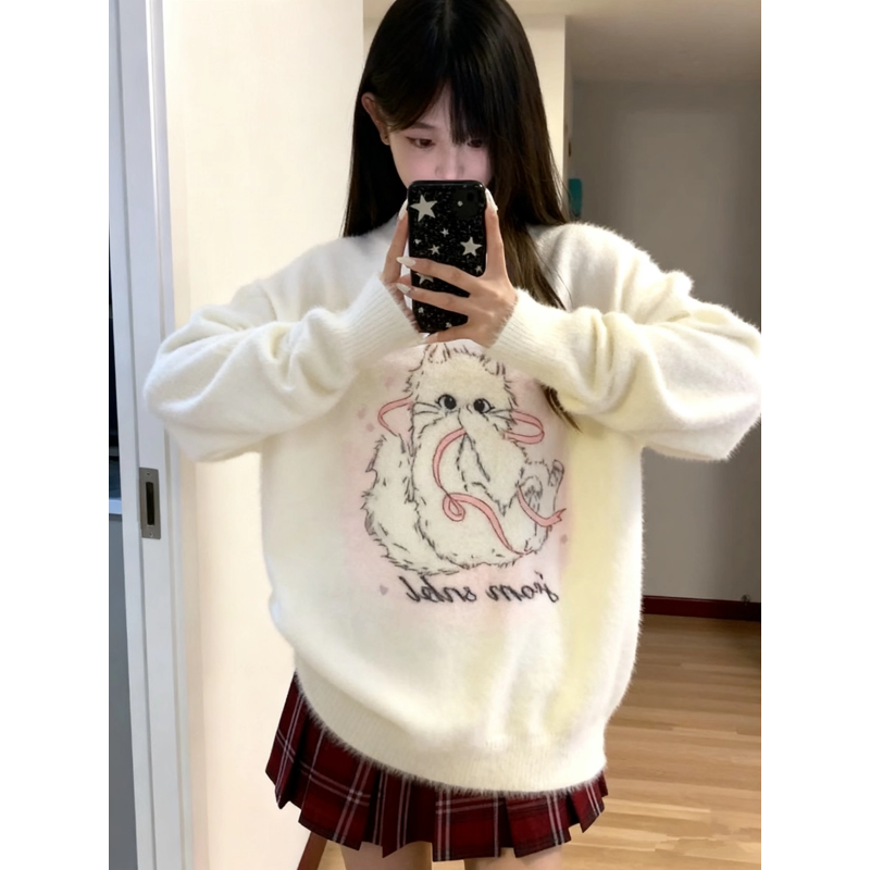 甜美风可爱套头毛衣女秋冬外穿宽松慵懒设计感仿水貂毛针织衫上衣