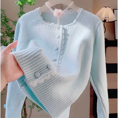 甜美温柔蕾丝花边奶蓝色毛衣外套女春秋新款小众洋气针织开衫上衣