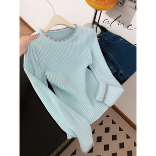 高级感温柔风撞色圆领针织衫毛衣女秋冬外穿短款修身显瘦套头上衣