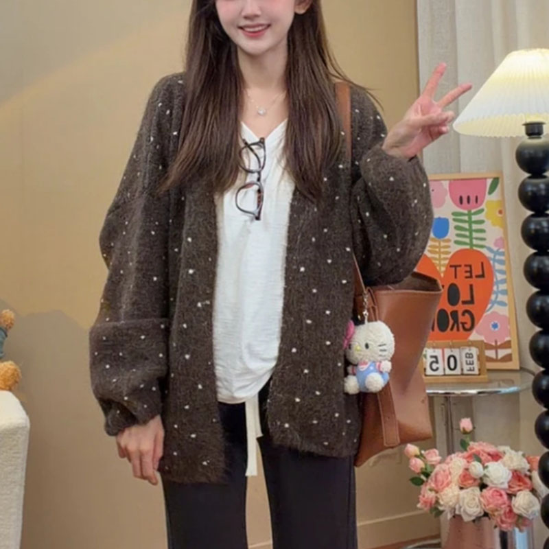 秋冬氛围感复古波点灯笼袖针织开衫女慵懒风百搭显瘦加厚毛衣外套图片