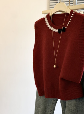 小香风红色重工钉珠蝴蝶结马甲针织衫女早春外搭叠穿毛衣背心上衣