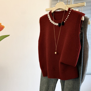 小香风红色重工钉珠蝴蝶结马甲针织衫女早春外搭叠穿毛衣背心上衣