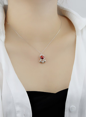 通体s925纯银石榴石长命锁项链女简约小众设计高级感平安锁锁骨链