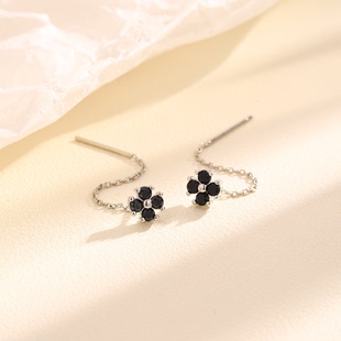 黑色锆石花朵耳线日韩气质时尚显脸瘦耳链纯银幸运四叶草长款耳环