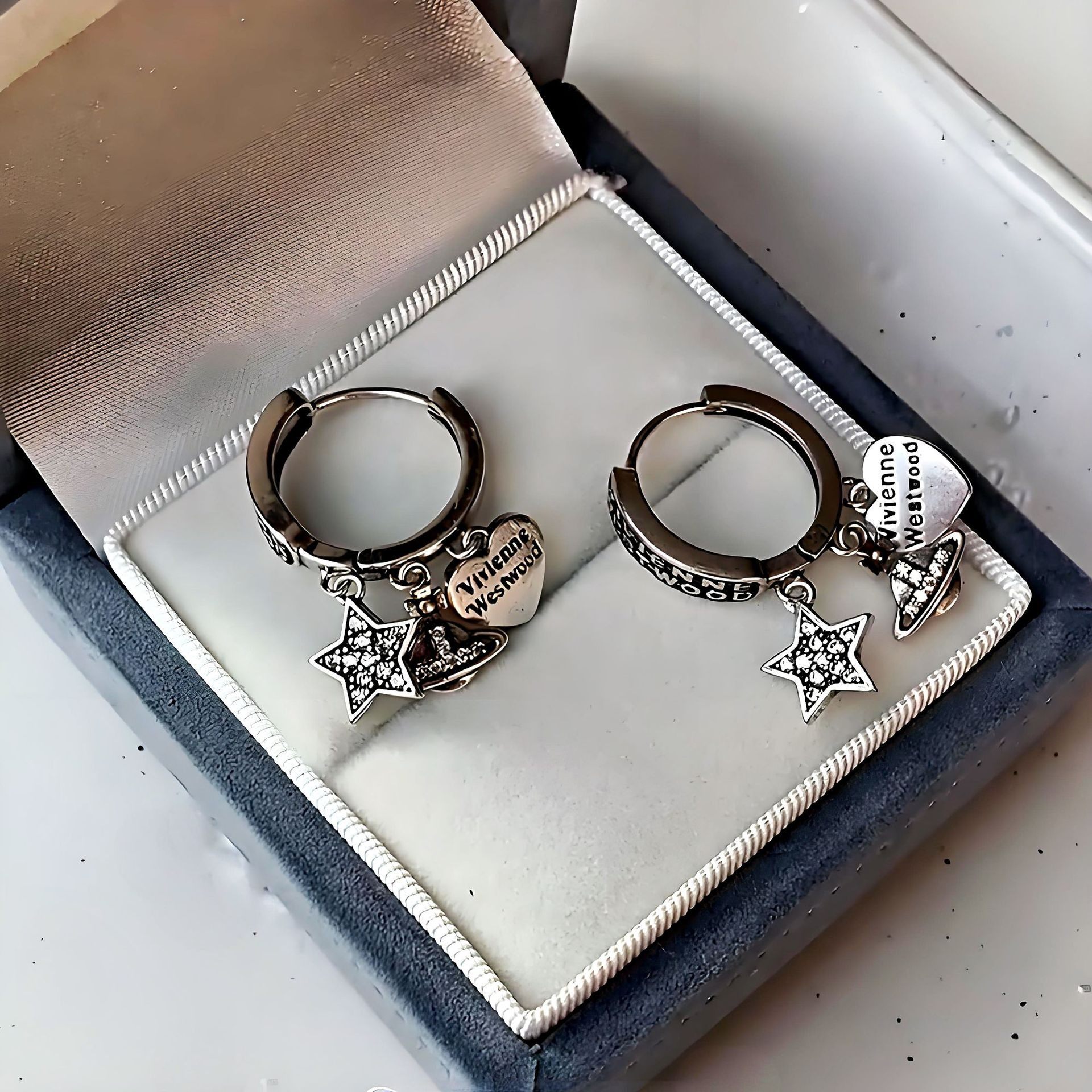 个性星星爱心925银耳环女轻奢小众日韩风圆环吊坠耳饰甜酷耳饰