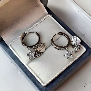 个性星星爱心925银耳环女轻奢小众日韩风圆环吊坠耳饰甜酷耳饰