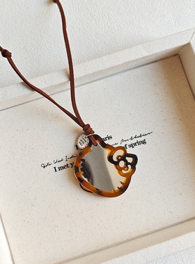 韩版复古豹纹KT猫镜子吊坠挂脖项链百搭小众便携补妆镜毛衣链配饰