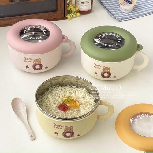 304不锈钢学生可爱带盖泡面碗