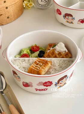 食品级陶瓷饭盒专用瓷碗带盖圆形分隔保鲜盒分格便当盒微波炉加热