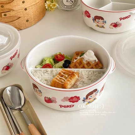 食品级陶瓷饭盒专用瓷碗带盖圆形分隔保鲜盒分格便当盒微波炉加热