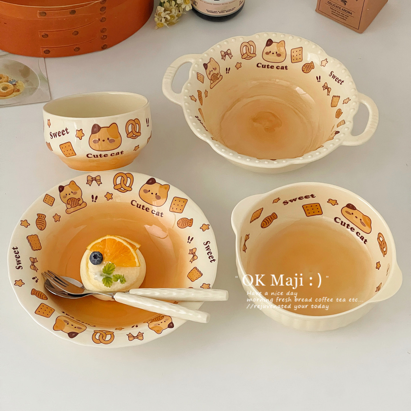 可爱餐具釉下彩猫咪餐盘漂亮的水果盘陶瓷点心甜品盘儿童早餐盘子