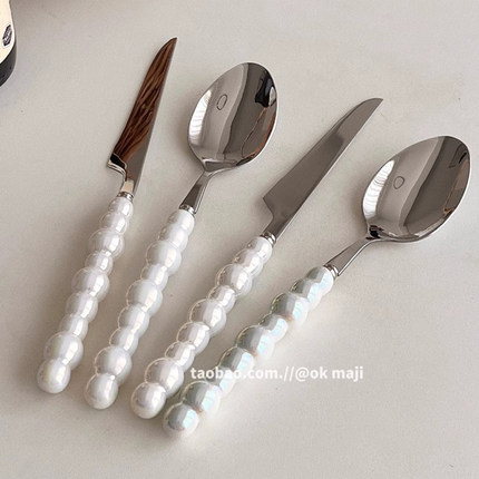 珍珠柄不锈钢刀叉韩国ins陶瓷勺餐具家用牛排意面甜品勺子