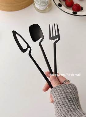可悬挂黑色餐勺刀叉勺子牛排西餐厅不锈钢餐具韩国极简ins