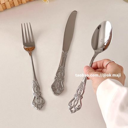 复古ins浮雕不锈钢西餐餐具刀叉勺套装牛排刀意面叉甜品勺子叉子