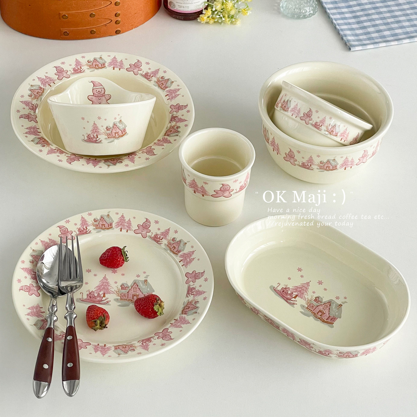 圣诞盘子深盘陶瓷漂亮的水果盘子in风粉色餐盘下午茶甜品盘点心盘