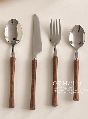 叉勺不锈钢甜品刀叉木柄三件套叉子专用勺子餐刀西餐餐具套装牛排