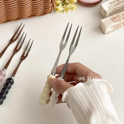 陶瓷柄叉子儿童不锈钢水果签可爱水果叉子家用高档精致蛋糕甜品叉
