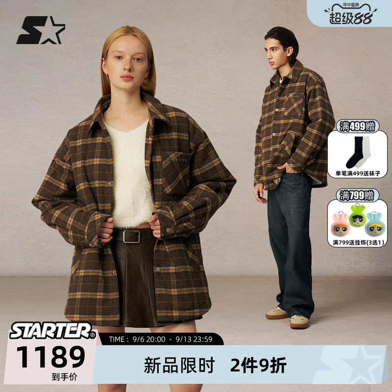 STARTER格纹棉服春秋新款保暖女款衬衫男休闲格子运动上衣外套