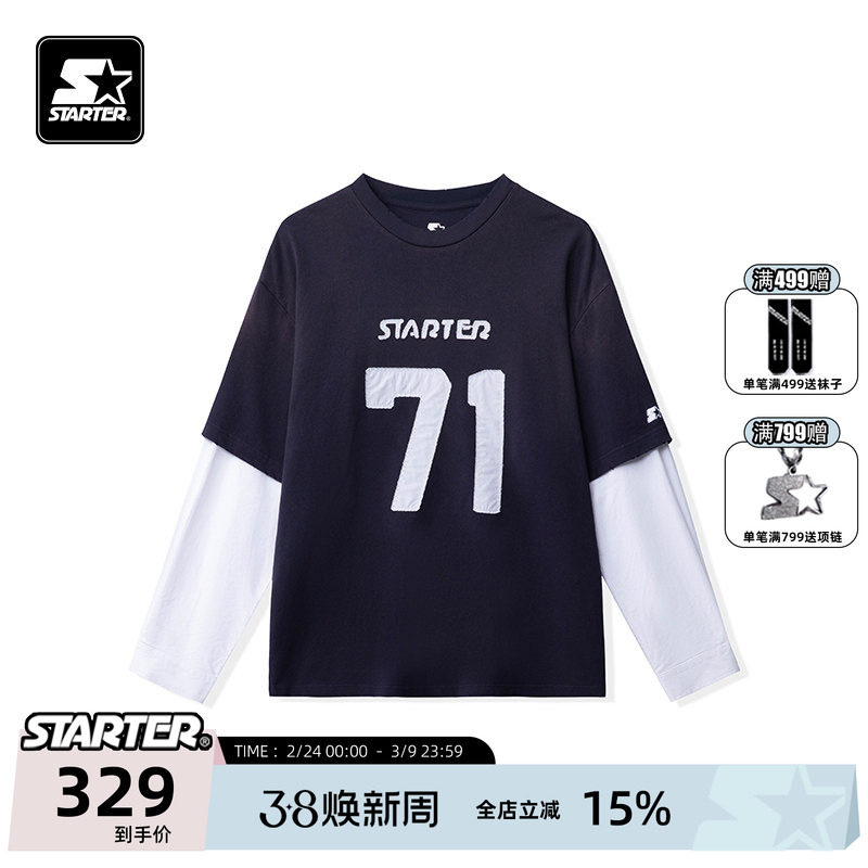 STARTER T恤2025春夏男女同款纯棉数字印花假两件运动休闲上衣