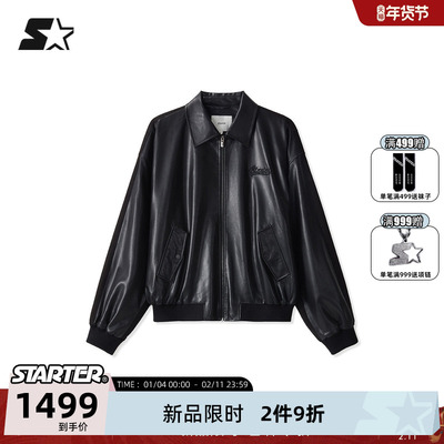 STARTER男女同款黑色皮梭织夹克