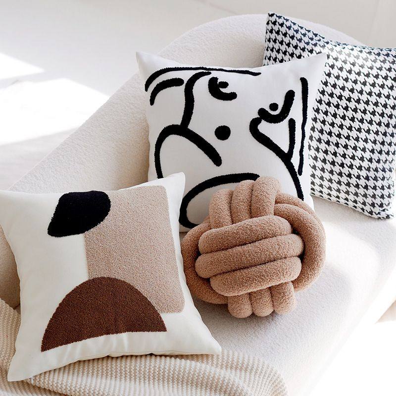 ins风复古奶油色毛巾绣抱枕套客厅沙发靠枕床上靠垫含芯 棕色靠背