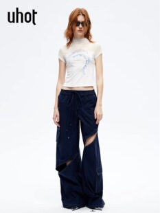 uhot UWLR1N199 诱货26夏白色鲸落印花小高领T恤女清新春日少女风