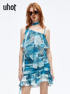 诱货26夏蓝白珊瑚礁印花多层荷叶边上衣度假风吊带UWLR1N383 uhot