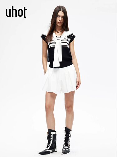 uhot/诱货26黑白撞色复古学院风披肩针织衫简约通勤新款UWLR2Z447
