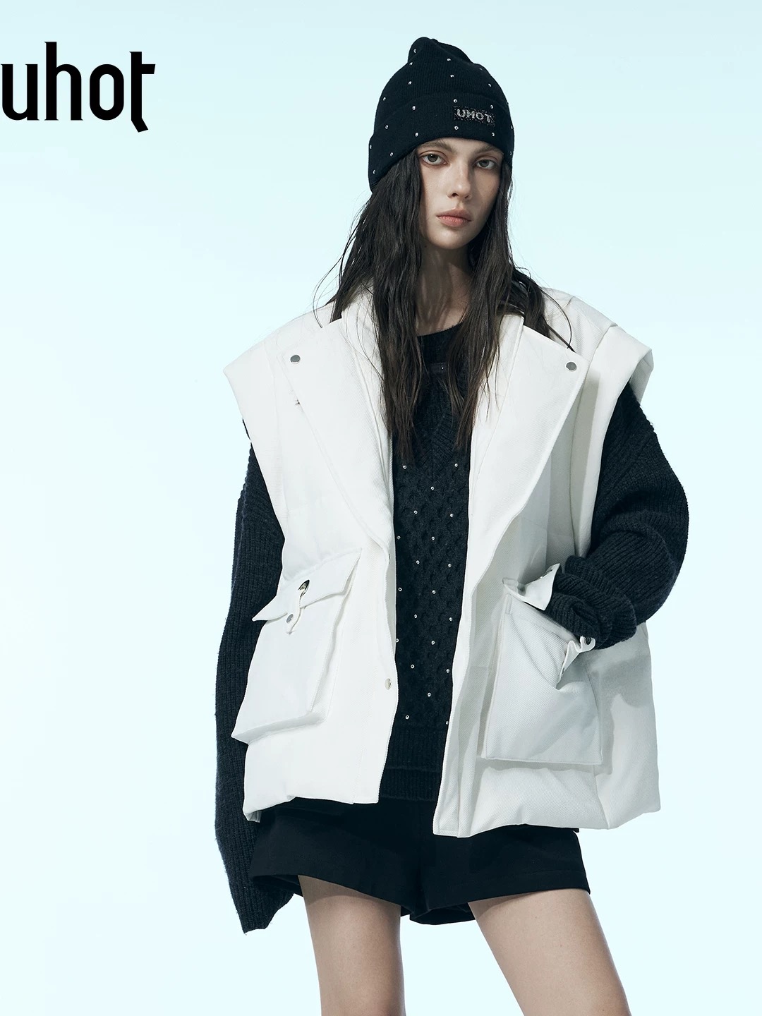 uhot/诱货白色宽松立领白鹅绒马甲立体大口袋设计25新款UWWW2W212