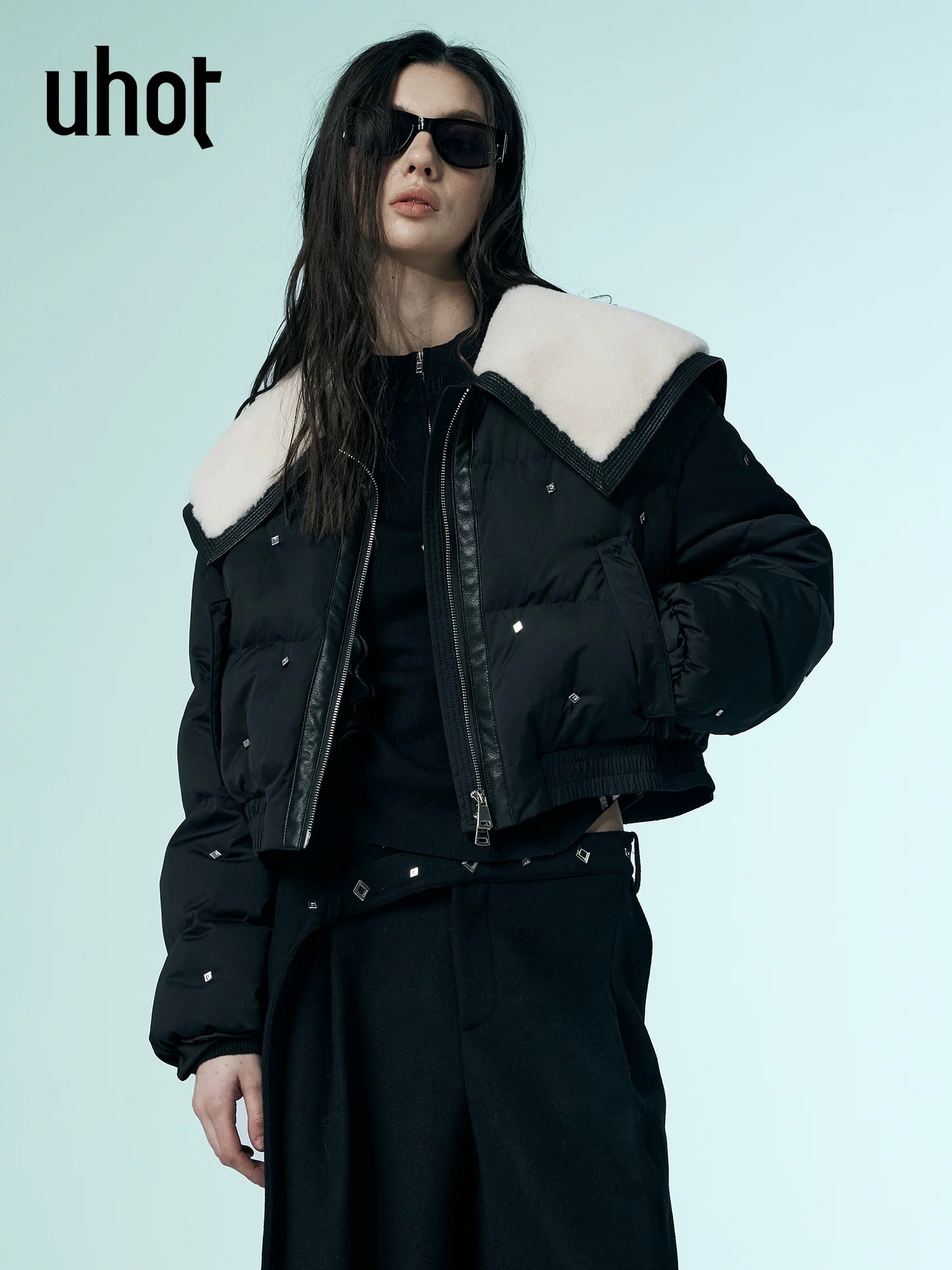 uhot/诱货黑白撞色毛领鹅绒外套短款设计高级保暖25新款UWWW3W224