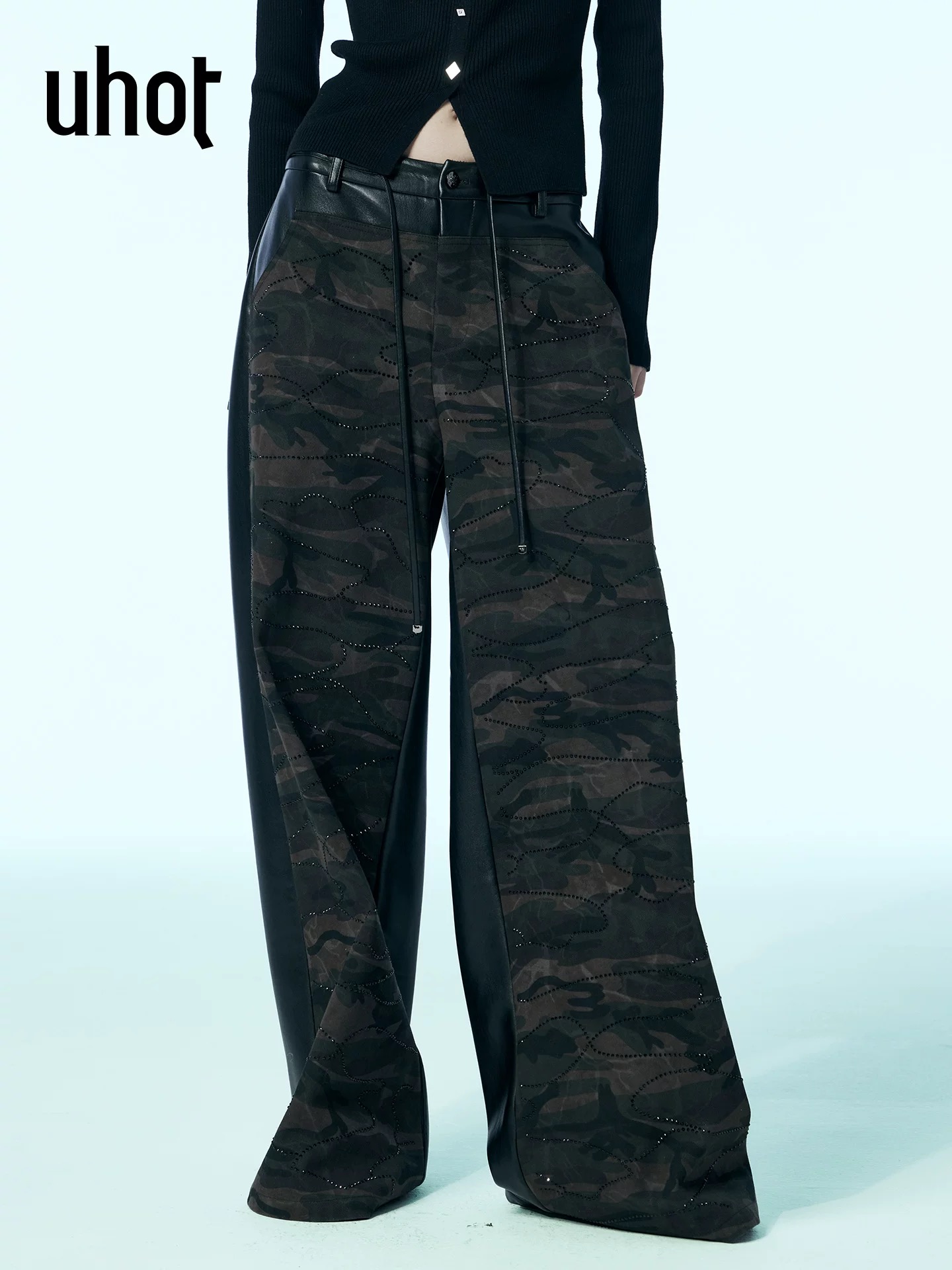 uhot/诱货黑色菱形撞钉腰带中性风阔腿裤宽松显瘦25新款UWWW3K278