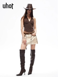 UWLS3Q066 A字牛仔短裙复古肌理流光甜酷风 uhot 诱货26春杏色经典