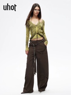 uhot 女复古慵懒UWLS3Z241 诱货26春黄咖渐变挂脖假两件叠穿针织衫