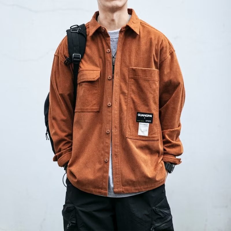 华夫格工装长袖衬衫男士春秋季