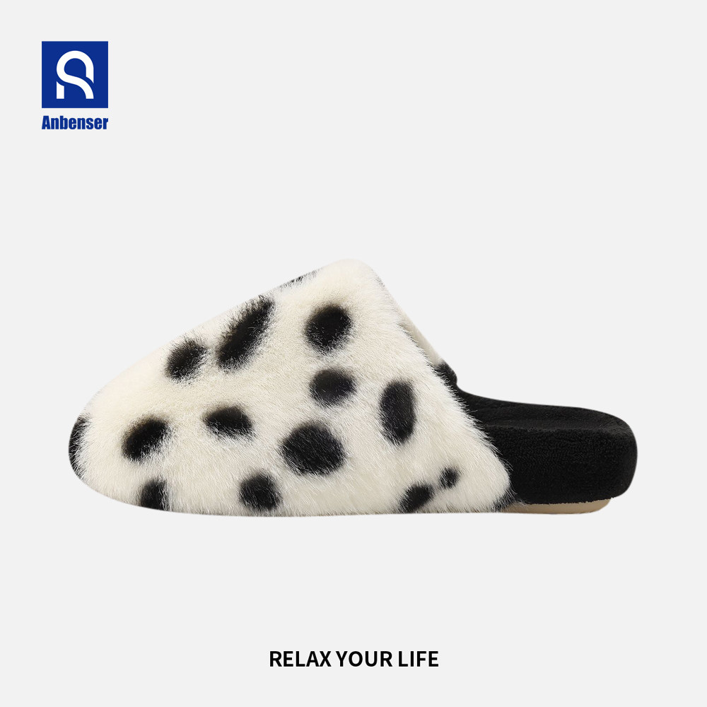 Anbenser毛绒豹纹包头棉拖鞋女秋冬居家保暖懒人鞋室内毛毛鞋女士