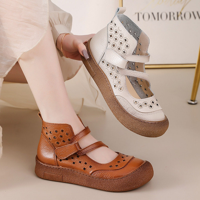 镂空包头凉鞋女真皮森系复古罗马鞋2026夏季新款透气高帮洞洞凉靴