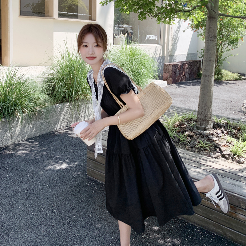 气质蕾丝披肩系带连衣裙女夏季2025通勤风淡人圆领腰部抽绳A字裙，女装连衣裙，浙宝128A