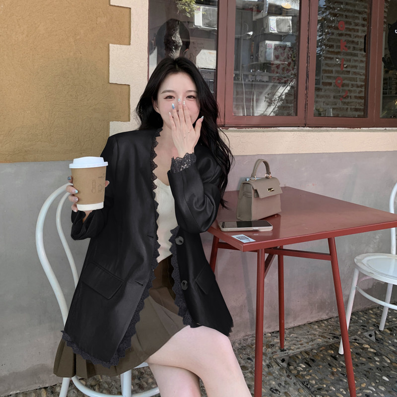 蕾丝拼接休闲西装外套女2026春秋新款温柔风宽松显瘦气质西服上衣,女装西装,浙宝128A