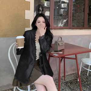 蕾丝拼接休闲西装外套女2026春秋新款温柔风宽松显瘦气质西服上衣图片