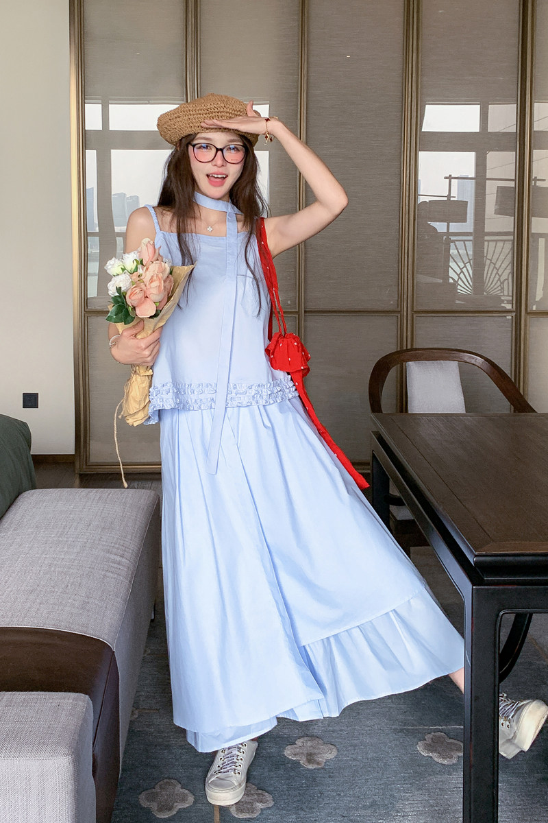 浅蓝色设计感甜美套装女2025夏季新款超好看吊带背心半身裙两件套,女装套装/套裙,浙宝128A