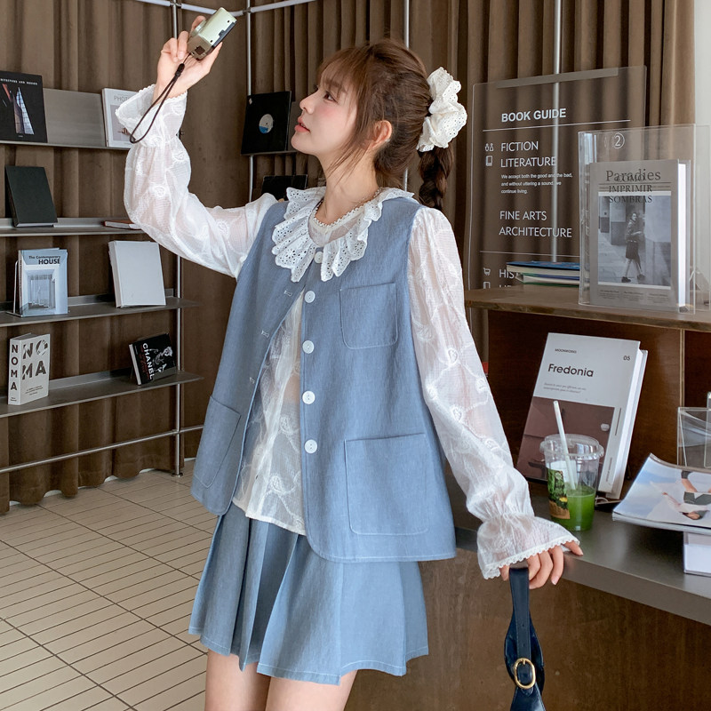 韩系设计感套装女2026新款超火减龄上衣马甲百褶裙穿搭三件套,女装套装/套裙,浙宝128A