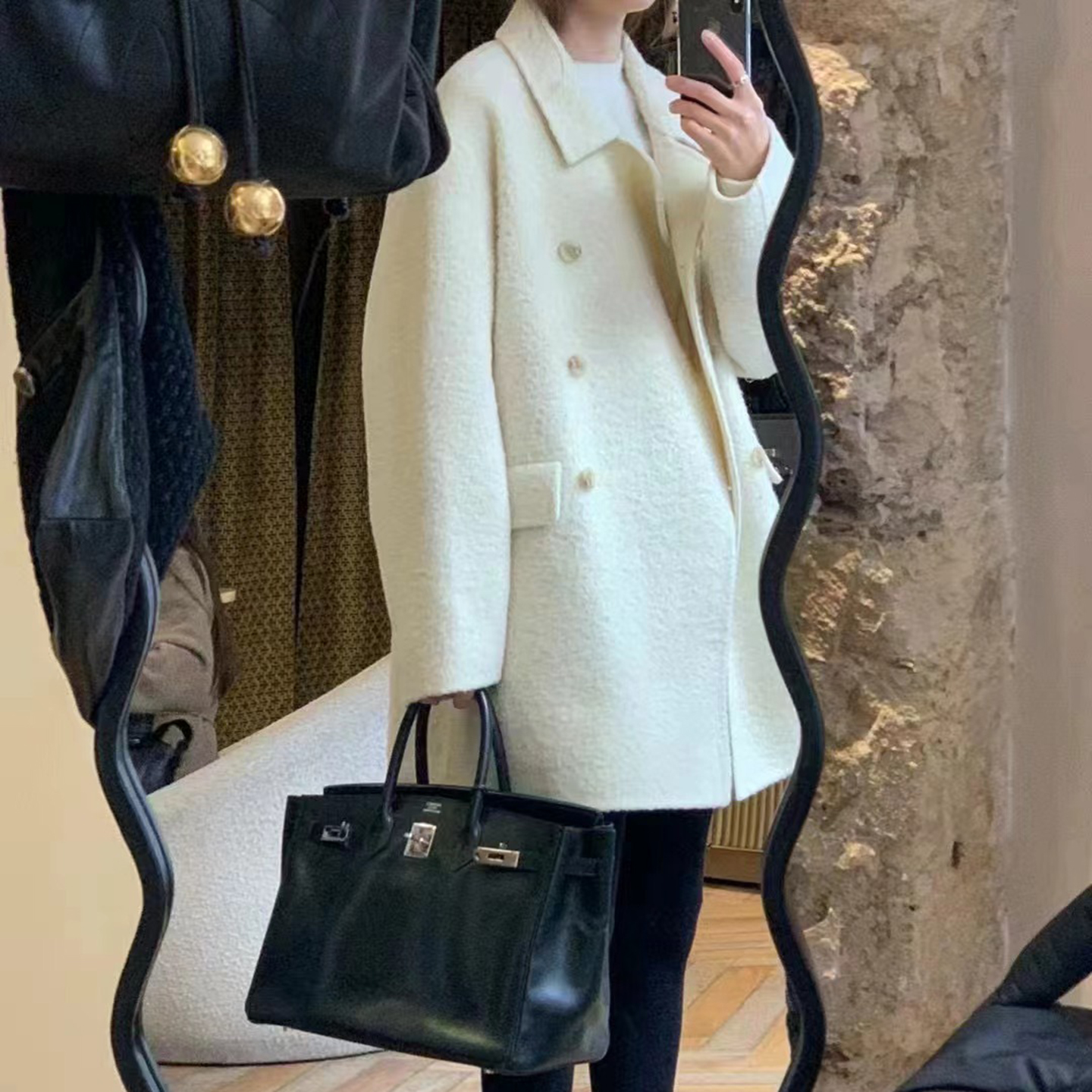 韩国OUNCE双排扣羊毛大衣外套女