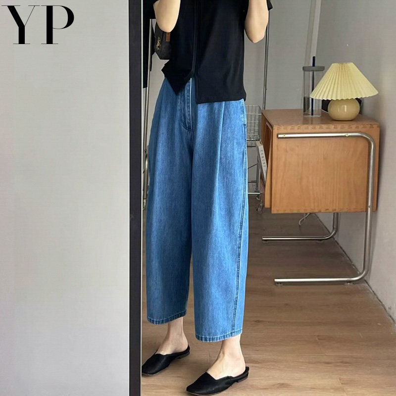 港风薄款天丝牛仔阔腿裤女夏季高腰显瘦宽松直筒小个子九分奶奶裤