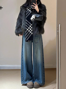 美式复古色阔腿牛仔裤女秋冬加绒宽松显瘦垂感小个子直筒拖地裤子