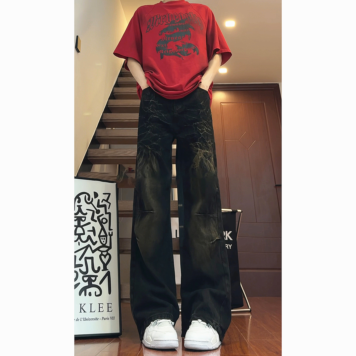 NK8066-P55闪电纹高腰直筒牛仔裤男款春秋季加长裤子微喇阔腿裤，男装牛仔裤，电商A306