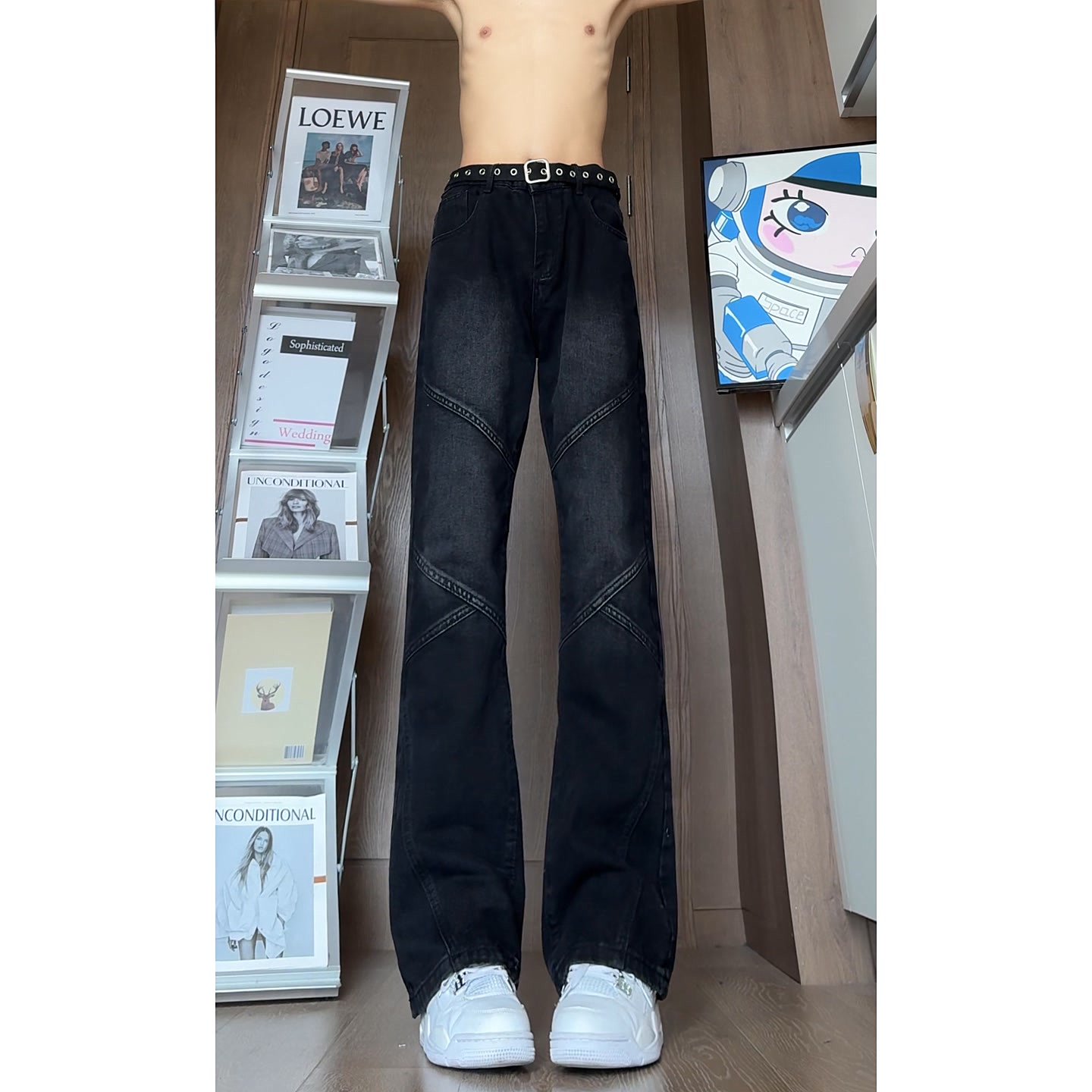 NK2071-P55复古条纹直筒条纹牛仔裤男女街头微喇拼接宽松潮裤子，男装牛仔裤，电商A306