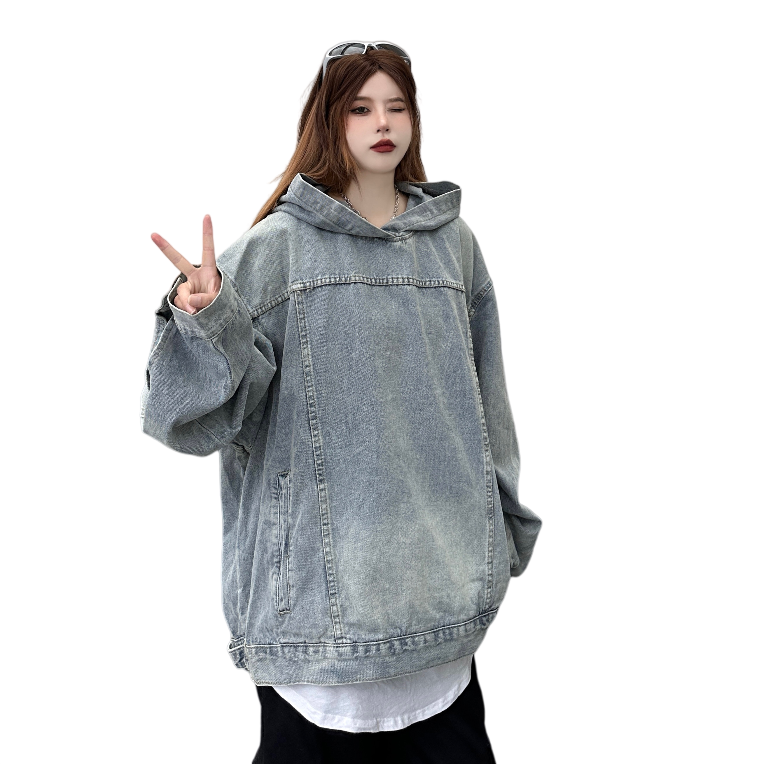 美式复古拼接水洗做旧牛仔连帽卫衣男女情侣潮牛仔卫衣外套,女装短外套,电商A306