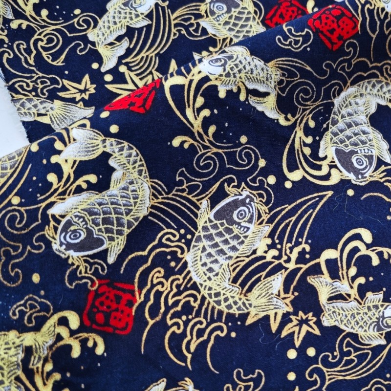 王氏手工中国风藏青色烫金锦鲤鱼纯棉全棉布料桌布面料手工艺服装,纺织面料/辅料/配套,丝绸布料,淘宝优惠券,粉丝福利购,淘宝优惠卷