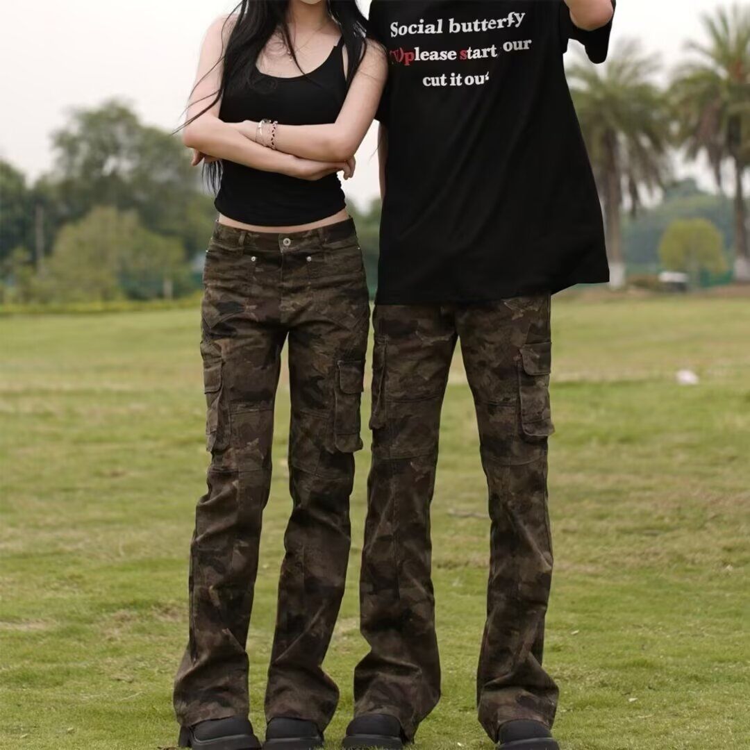 记得加辣  2025户外风复古微喇迷彩工装裤男女新款休闲显高裤子潮